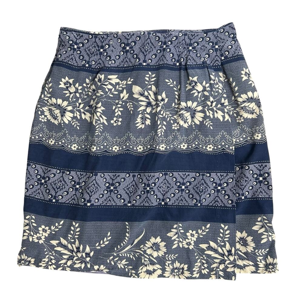 Vintage 100% Silk Blue & Cream Floral Patterned Striped Faux Wrap Skirt Size 16